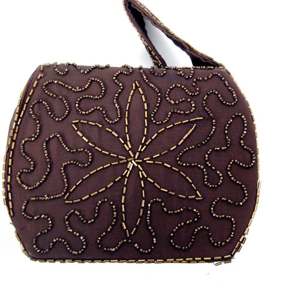 Beaded Box Purse Handbag Brown Evening Vintage - Picture 3 of 6